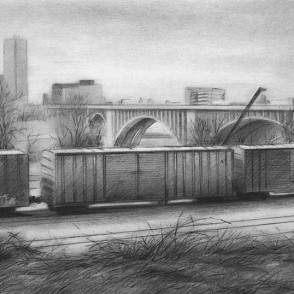 Michael Banning "Train Cars near the Mississippi River, Minneapolis" 2014 | charcoal | $700.00 image: 10.5 x 18" | frame: 16.25 x 23.15"