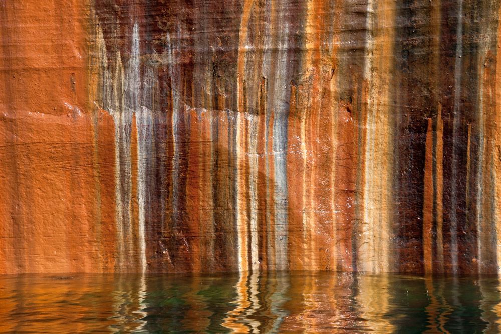 PICTURED ROCKS 029 Mineral seeps on sandstone cliffs between Miners and Mosquito Beaches, Pictured Rocks National Lakeshore, Michigan.