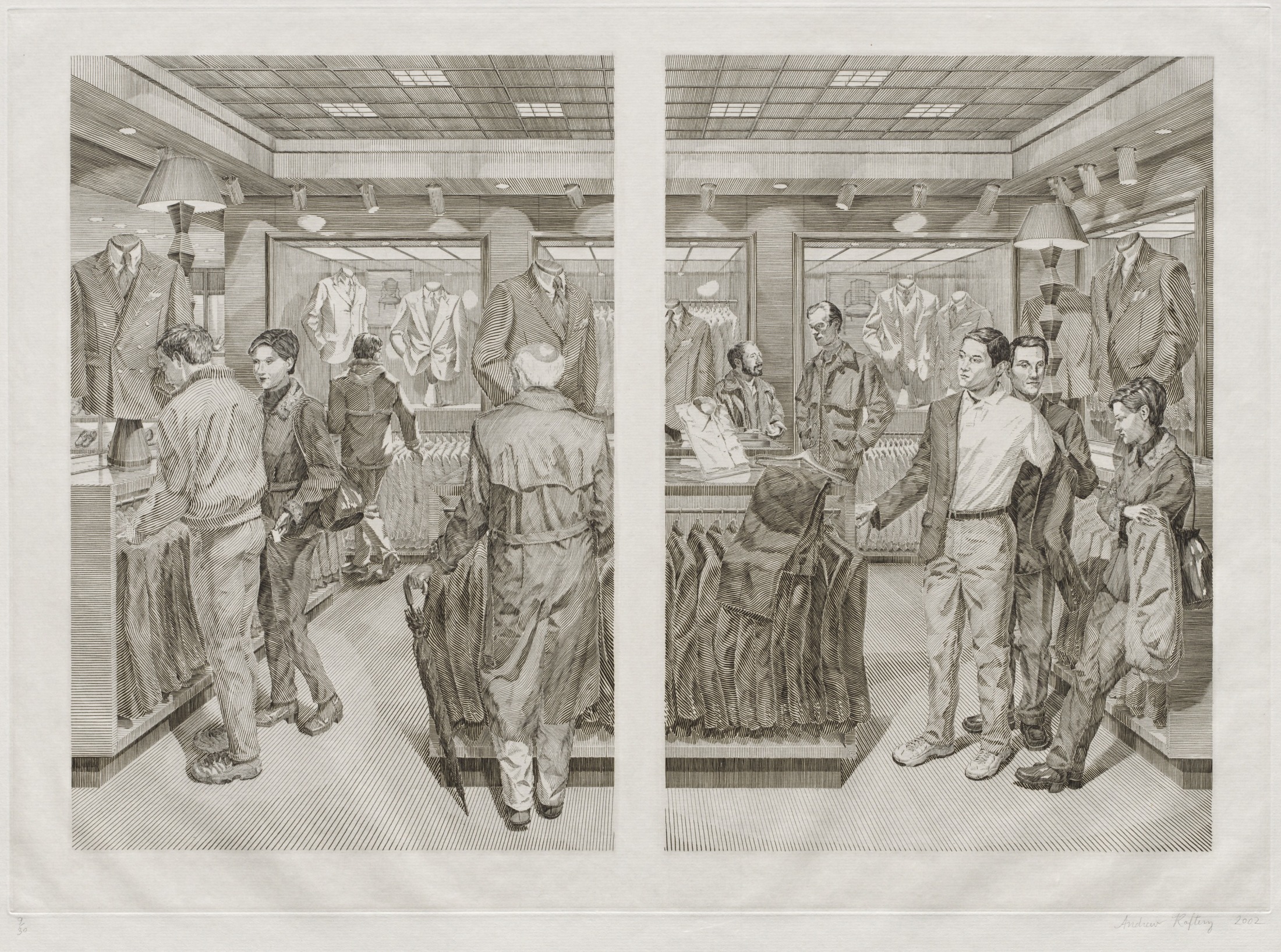 Suit Shopping: An Engraved Narrative, 2000-2002. Andrew Raftery (American, b. 1962). Engraving; 37.8 x 52.8 cm. Gift of friends in memory of Ann Bassett and Tom Johnson 2003.15. © Courtesy of the Artist and Mary Ryan Gallery, New York, NY.
