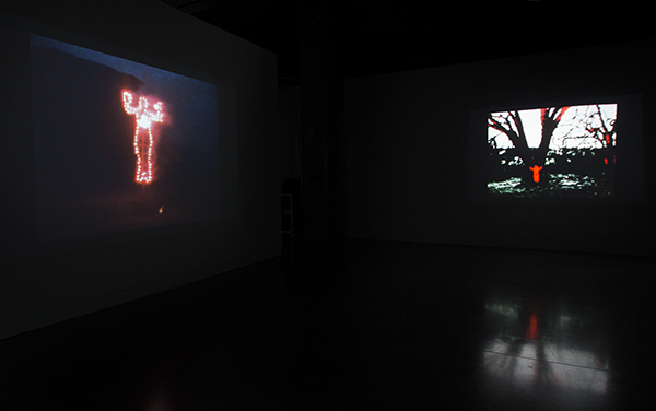 Ana Mendieta Left: Anima, Silueta de Cohetes (Firework Piece), Summer 1976, Oaxaca, Mexico, Super 8 film, color, silent, 2 min. 23 sec., Filmwork No. 53. Right: Energy Charge, 1975, 16mm film, color, silent, 49 sec., Filmwork No. 43. © The Estate of Ana Mendieta Collection, LLC. Courtesy Galerie Lelong, New York. Installation photograph by Amber White.