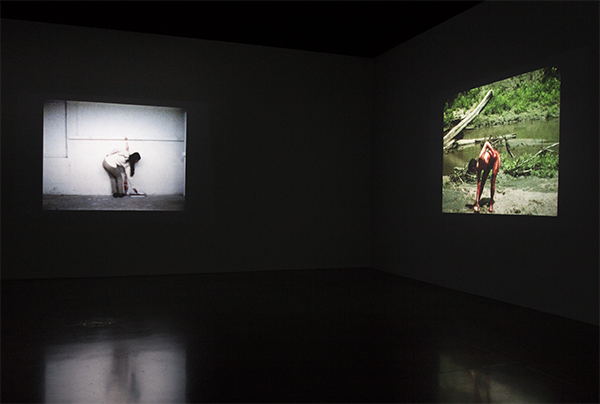 Ana Mendieta Left: Blood Sign, March 1974, Iowa, Super 8 film, color, silent, 5 min. 36 sec., Filmwork No. 17. Right: Blood Inside Outside, June 1975, Old Man’s Creek, Sharon Center, Iowa, Super 8 film, color, silent, 4 min. 19 sec., Filmwork No. 35. © The Estate of Ana Mendieta Collection, LLC. Courtesy Galerie Lelong, New York. Installation photograph by Amber White.