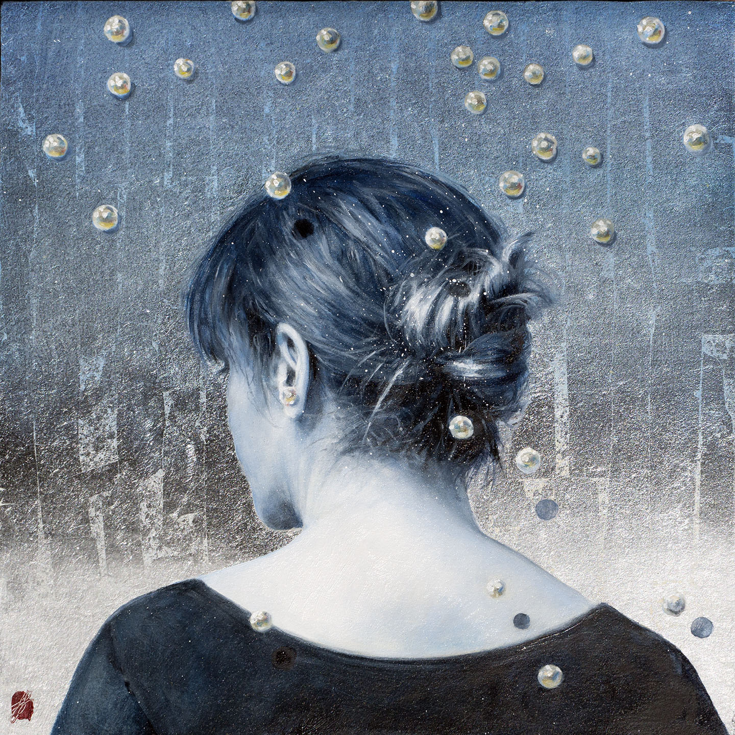 Pearls in Blue 12x12 June Stratton, "Pearls in Blue" Oil and Silver Leaf, 12 x 12