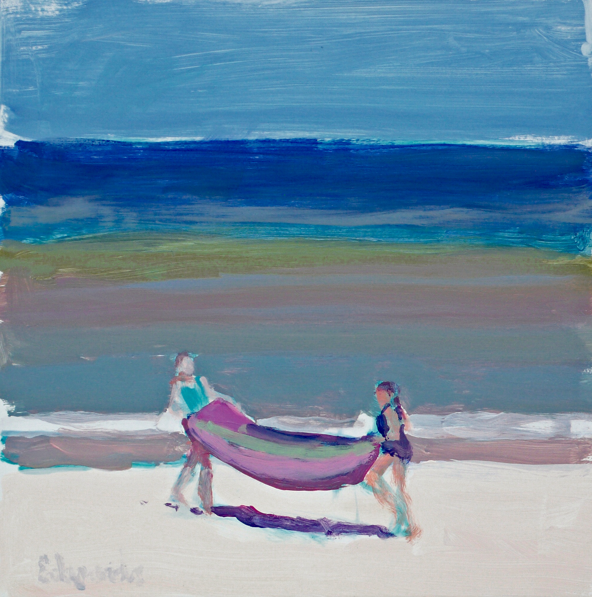 Herb Edwards, "Two Girls Folding a Blanket", Acrylic-Board, 16"x16"