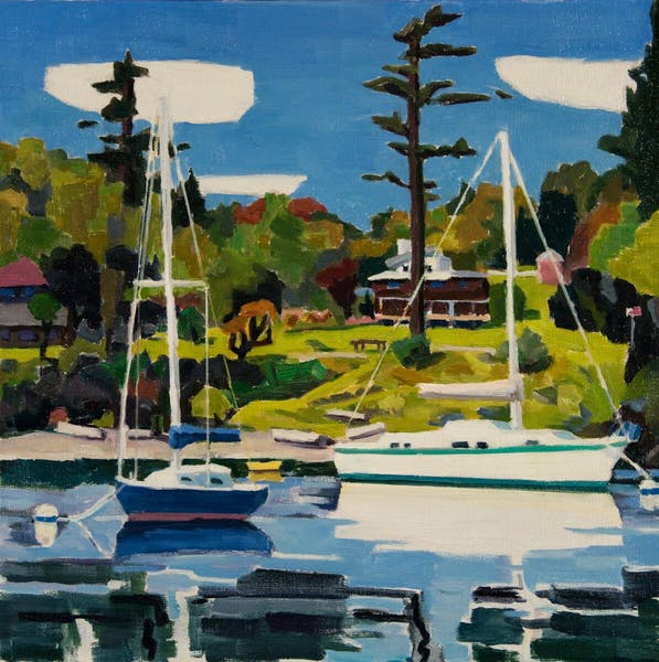 2boatsfridayharbor16x16_1193x1200_preview David Ridgway "2 Boats Friday Harbor" 16 x 16 Oil on linen