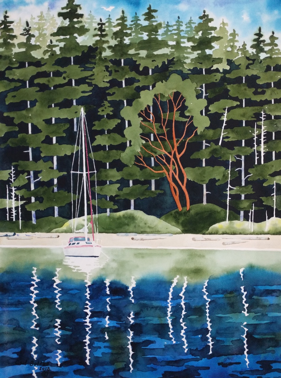 Anchored at the Twin Madronas “Anchored at the Twin Madronas”, Watercolor, 24 x 18 inches, 2018.