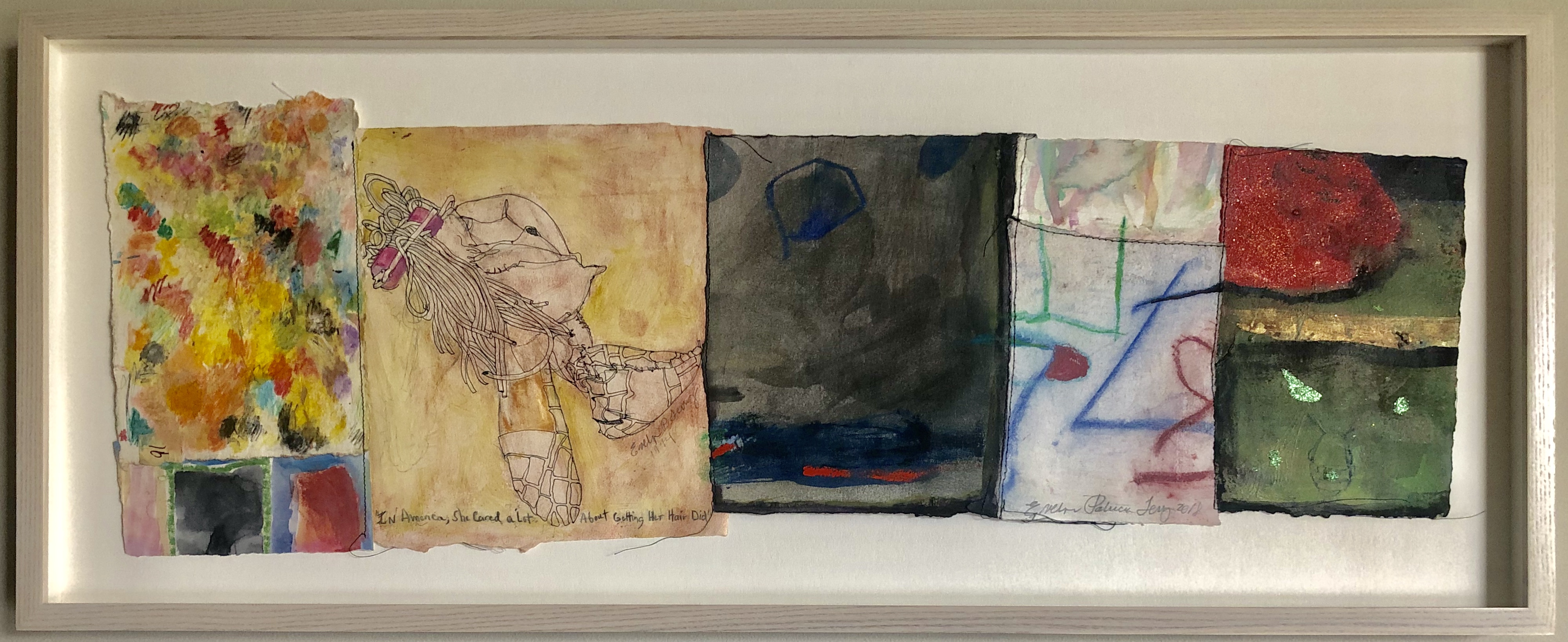 In America, She Cared A Lot About Getting Her Hair Did, 2018 Pastel, ink, thread, watercolor on rag paper, 10 ¾ x 31 inches (framed)
