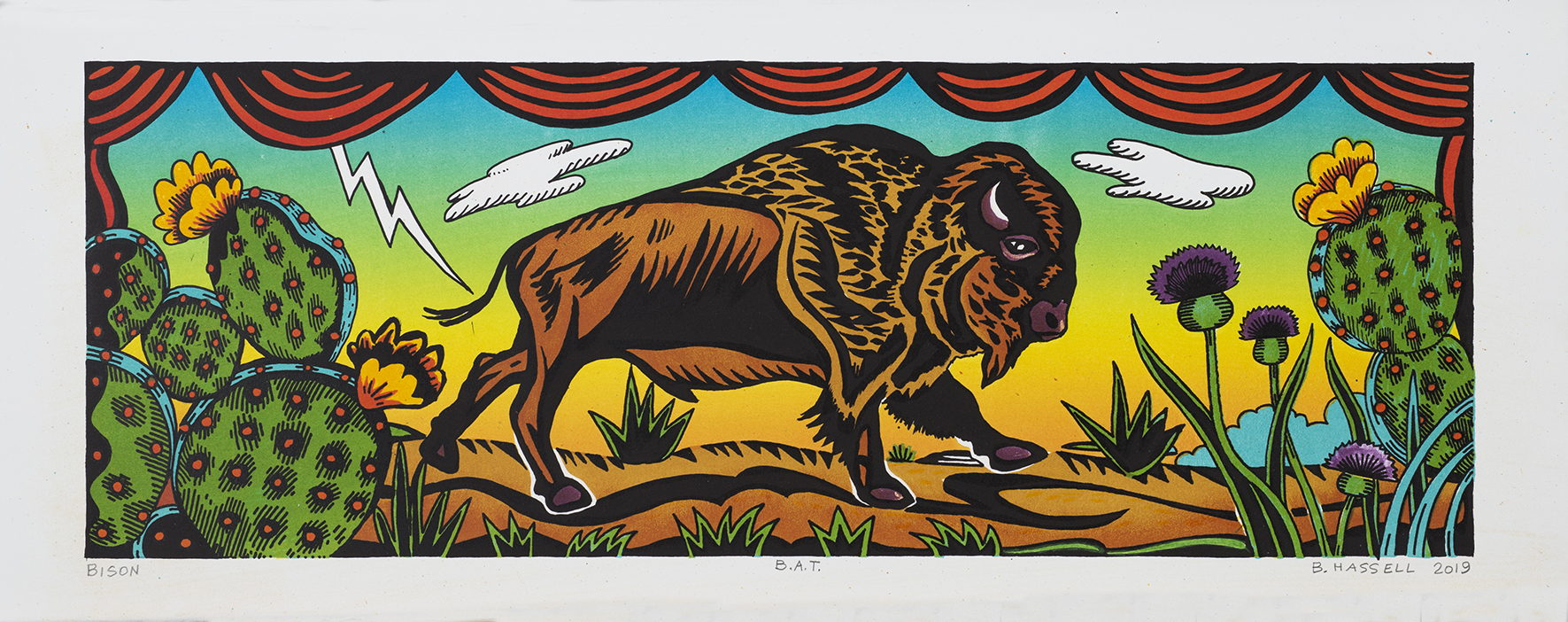 Billy Hassell BISON color lithograph  8.5” x 24”