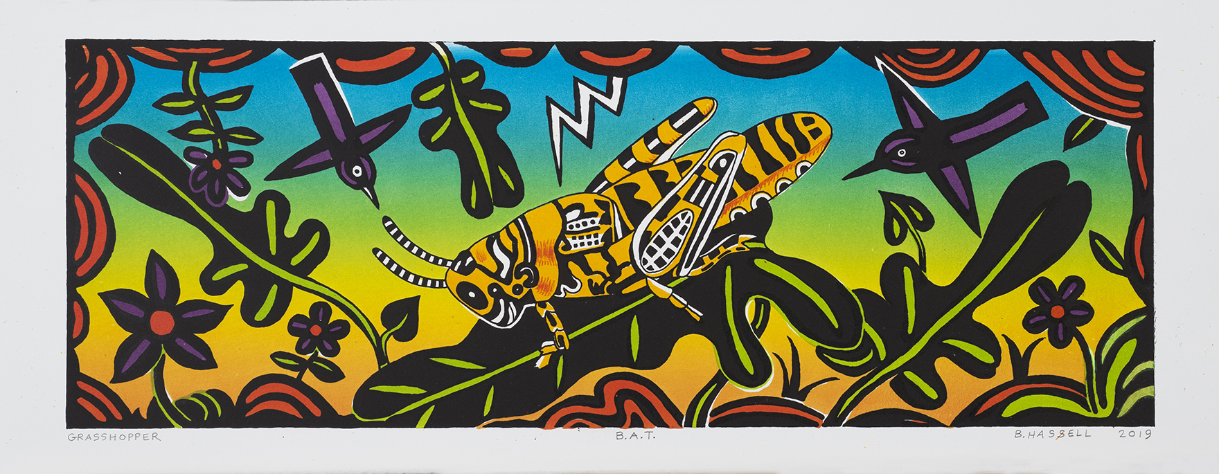 Grasshopper litho color Billy Hassell GRASSHOPPER color lithograph 8.5” x 24”