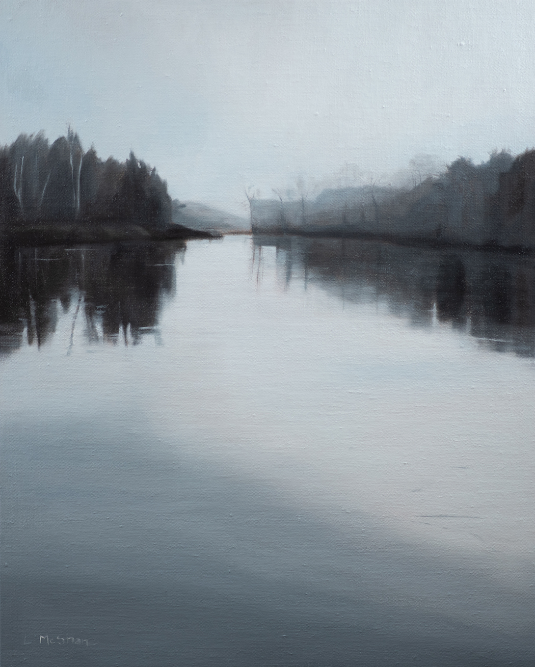 Lisa McShane, Lhaq’te’mish: Morning Fog on the Nooksack Delta, 2020, Oil on Linen over Wood Panel, 30” x 20”