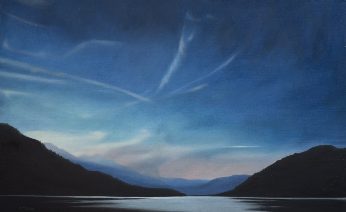 Lisa McShane, Okanagan: Fire on the Horizon, 2020, Oil on Linen Panel, 26” x 42”