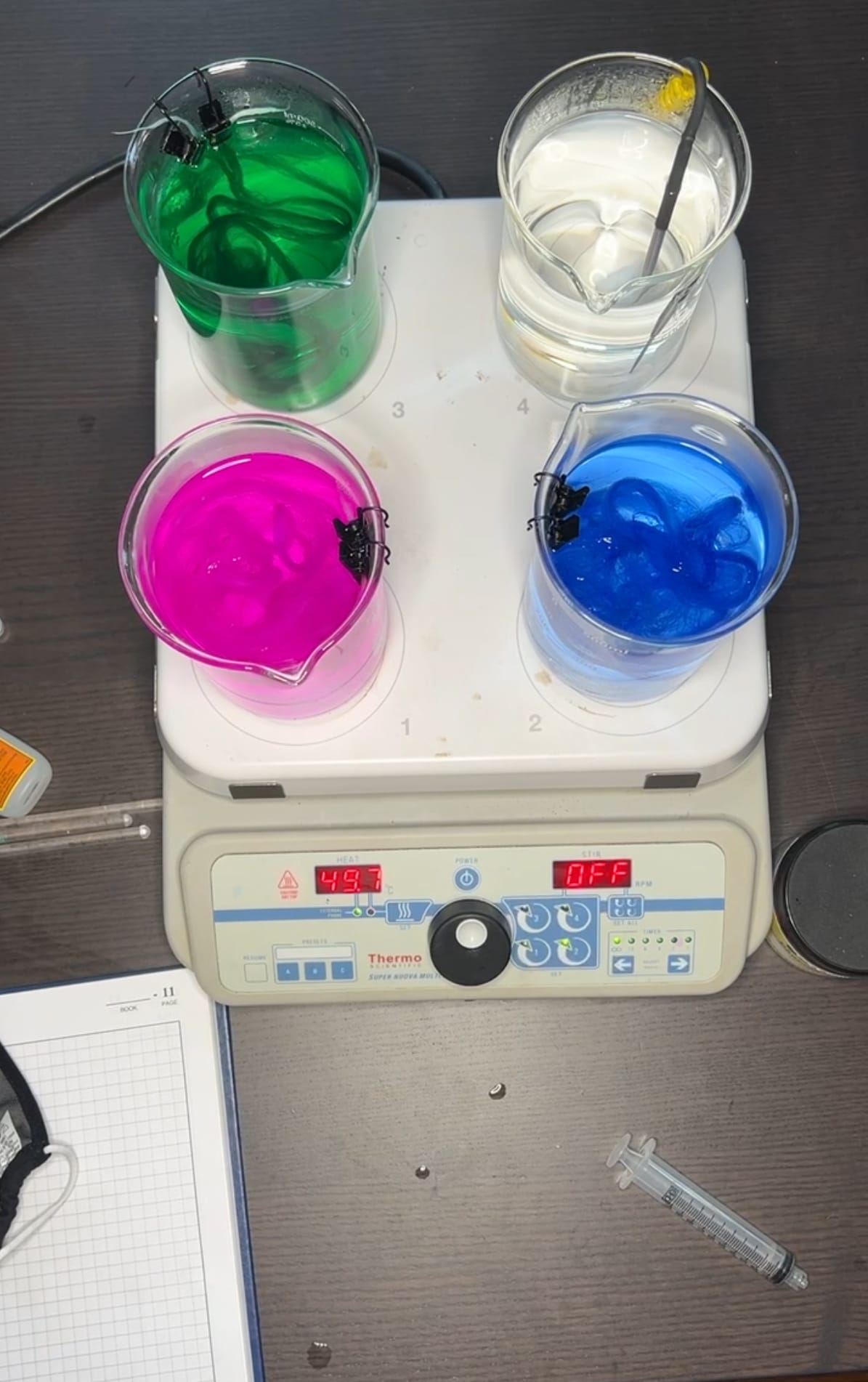 From there, I dye the silk using silk acid dyes. As a chemist, I have a very methodical approach to dyeing that involves using a hot plate and beakers so I can best control the dyeing process.